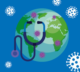 Sticker - world planet with particles covid 19 and stethoscope vector illustration design