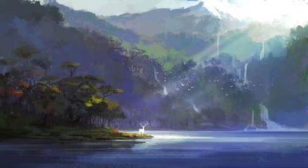 Wall Mural - A deer stands by a secluded lake, digital illustration.