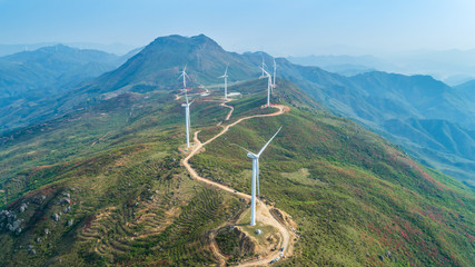 Wall Mural - Aerial photography of wind power equipment on high mountains ，Jiangxi Yuhua Mountain