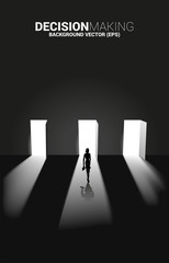 Poster - time to make decision in business direction. Silhouette of businesswoman standing to select door to enter