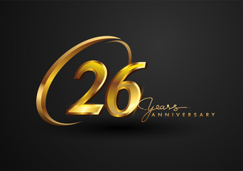 26 Years Anniversary Celebration. Anniversary logo with ring and elegance golden color isolated on black background, vector design for celebration, invitation card, and greeting card.