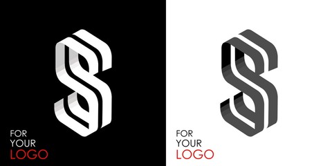 Wall Mural - Isometric letter S. From stripes, lines. Template for creating logos, emblems, monograms. Black and white options. 3D art symbol. Vector