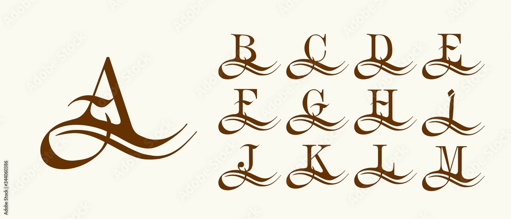 Set 1. Capital letters in the style of Arabic script. Templates for creating logos, monograms, emblems. To decorate text in the old style. Vector - obrazy, fototapety, plakaty 