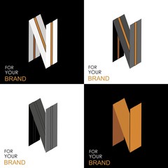 Isometric set letter N. Black, white, gold palette. From stripes, lines. Template for creating logos, emblems, monograms. Black and white options. 3D art symbol. Vector