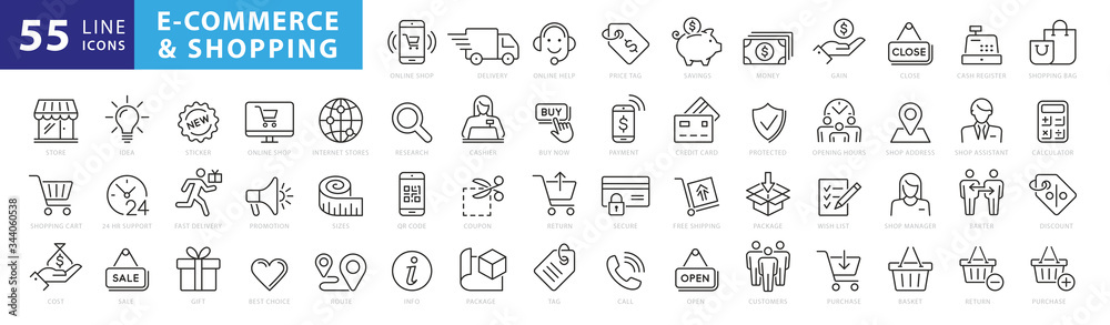 Set of 50 E-commerce and shopping web icons in line style. Mobile Shop, Digital marketing, Bank Card, Gifts - obrazy, fototapety, plakaty 