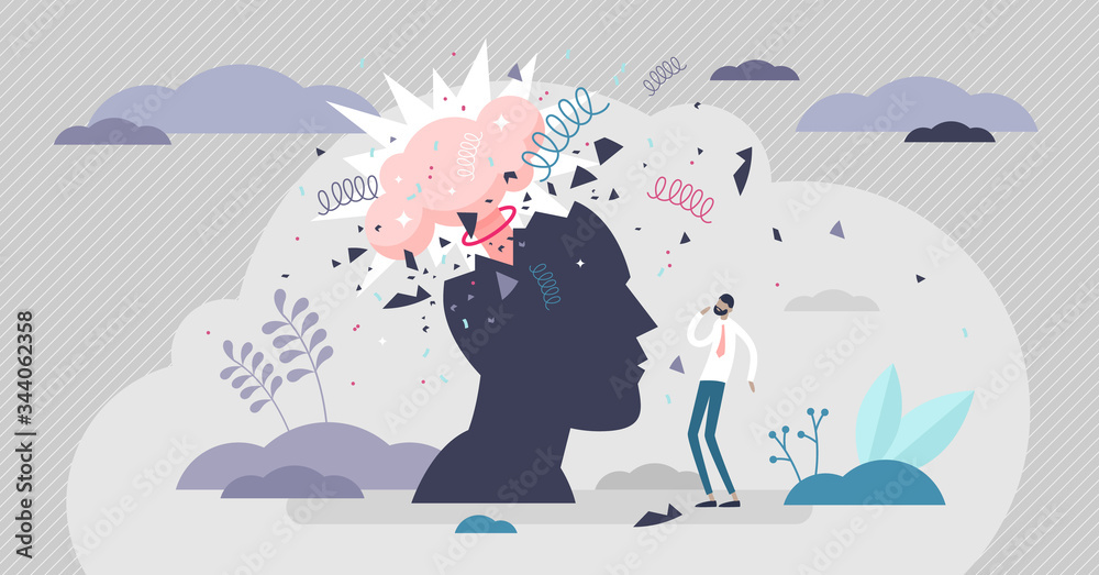 Head explode vector illustration. Mind blowing flat tiny persons concept. - obrazy, fototapety, plakaty 