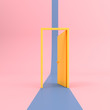 Abstract mock-up scene of yellow open door with blue path on pink background, Minimal style. 3D rendering