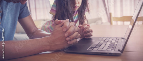 Cuadros en Lienzo praying hands, family praying with laptop, and parent and kid worship online tog