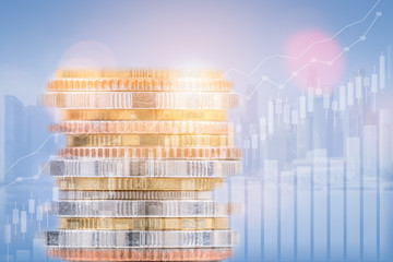 Poster - Finance, banking, and investment concept, double exposure of coins stack and city, with growing trend and candle stick graph.