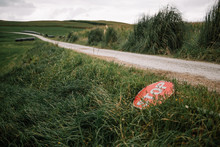 Landscape Composition With Stop Sign Lying Between The Grass And A Dirt Road That Disappears On The Horizon Between Green Meadows And Sky With Gray Clouds.