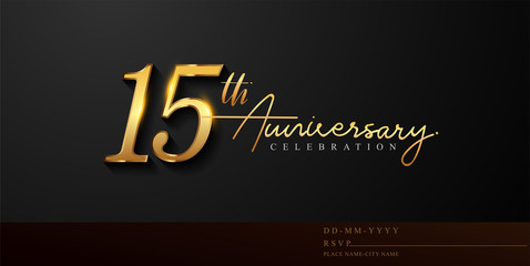 Wall Mural - 15th anniversary celebration logotype with handwriting golden color elegant design isolated on black background. vector anniversary for celebration, invitation card, and greeting card