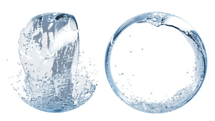 3d realistic water splashing round frame, aqua, clear liquid splash isolated on white background