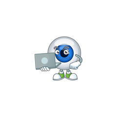 Wall Mural - Diligent human eye ball mascot design style working from home with laptop