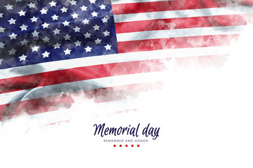 Memorial Day background illustration. text Memorial Day, remember and honor with America flag watercolor painting isolated on white background, vintage grunge style