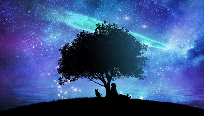 Wall Mural - girl watching the stars in night sky fantasy landscape illustration