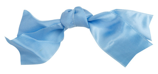 Wall Mural - Blue ribbon curl isolated on white background. Bright blue ribbon bow and curl isolated on white background. Textile accessories for sewing and gift scrapbooking decorations. Atlas or silk ribbon