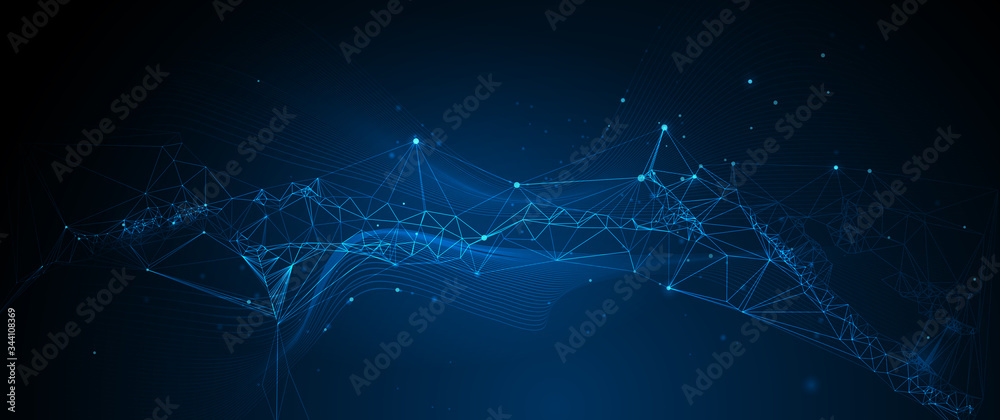 Vector illustration molecule,Connected lines with dots,technology on blue background. Abstract internet network connection design for web site.Digital data,communication,science and futuristic concept - obrazy, fototapety, plakaty 