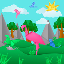 Paper Origami Animals Landscape Application Paper Background With Flamingo, Bird, Cat, Clouds, Trees, Mountains. Kids Template Cut Paper Toy Origami Landscape Vector Illustration For Card, Poster