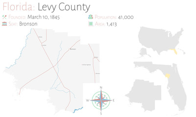  Large and detailed map of Levy county in Florida, USA.