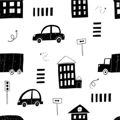 Vector hand-drawn seamless repeating children simple pattern with cars, arrows in Scandinavian style road on a white background. Children's pattern with cars. Cars. Transport. Road
