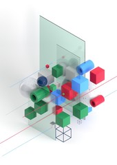 Poster - Abstract background, modern composition of geometric shapes. Cube, sphere, cylinder, line. 3d illustration.