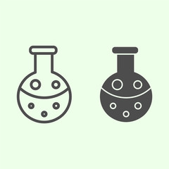 Poster - Reagent line and solid icon. Chemistry lab flask with liquid outline style pictogram on white background. Science technology signs for mobile concept and web design. Vector graphics.