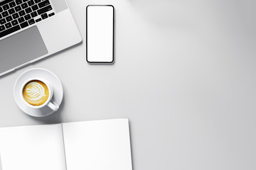 Poster - Top view laptop with tablet and mobile phone white screen in modern home interior minimal white workpark ,Easy Replace your design in white screen laptop mockup,3D illustration