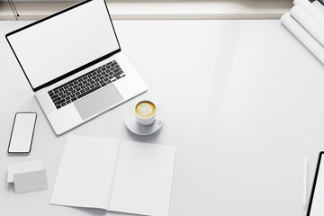 Poster - Top view laptop with tablet and mobile phone white screen in modern home interior minimal white workpark ,Easy Replace your design in white screen laptop mockup,3D illustration