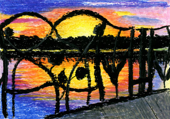 Bright sunset landscape with the water reflection. Black forged decoration silhouette on evening sundown. Oil pastel hand drawn illustration. Concept of romantic nature, date, river, lake night, rest