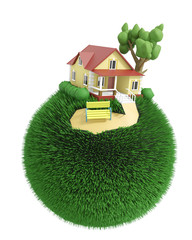 Wall Mural - Green grassy globe with a little detached house and a tree and a bench on the top. Isolated on white background. 3D illustration