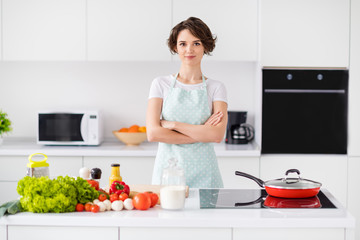 Sticker - Photo of beautiful attractive housewife weekend saturday morning cooking tasty dinner good mood arms crossed wear culinary apron t-shirt stand modern utensils kitchen indoors