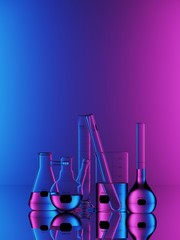 Wall Mural - Minimal composition for medical and scientific concept. Set of laboratory glassware on blue and magenta neon light background. 3d rendering illustration.