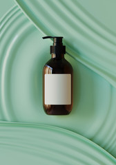 Poster - Minimal background for soft and smooth concept. Cosmetic bottle on green ripple surface background. 3d rendering illustration.