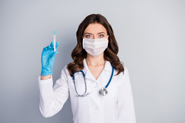 Portrait of professional corona virus infection specialist girl have medical mask latex gloves want vaccine patient stop covid-29 spread contamination isolated over gray color background