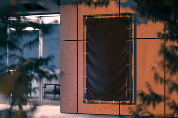 Wall Mural - Blank Black Vertical Outdoor Vinyl Textile Banner at Modern Business Center Wall. 3d rendering