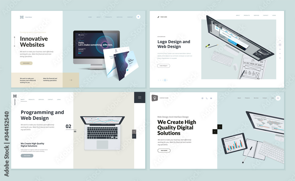 Set of flat design web page templates of web and logo design, programming, startup, business services. Modern vector illustration concepts for website and mobile website development.  - obrazy, fototapety, plakaty 