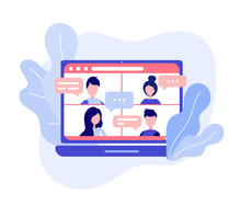 Online Meeting Via Group Call Icon. Woman Talking To Friends, Coleagues In Video Conference At Office Or Home. Vector In Flat Style Concept Freelance, Remote Work, Teleworking, Conference Call