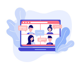 Online meeting via group call icon. Woman talking to friends, coleagues in video conference at office or home. Vector in flat style concept freelance, remote work, teleworking, Conference call