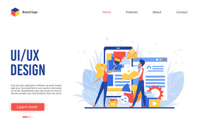 Poster - Ui ux design app creation vector illustration. Interface website design with cartoon flat tiny people creators team, designer characters create, construct mobile application, wireframe development