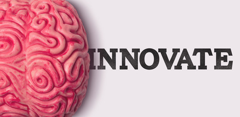 Wall Mural - Innovate word next to a human brain model