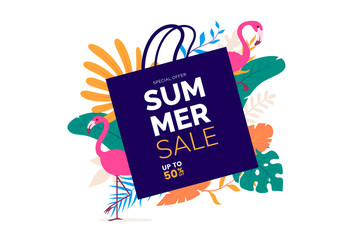Wall Mural - summer sale promo illustration with colorful tropical leaves and pink flamingo. summer holidays post