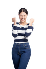 Young happy Asian woman with winner success expression isolated on white.