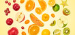 Flying fruits healthy summer color background. Papaya, orange, kiwi, melon, apple,. Levitation, falling fly fruit. Tropical creative concept. Colorful fruity summertime vivid design