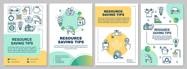 Wall Mural - Resource saving tips brochure template. Energy and water waste reduce. Flyer, booklet, leaflet print, cover design with linear icons. Vector layouts for magazines, annual reports, advertising posters