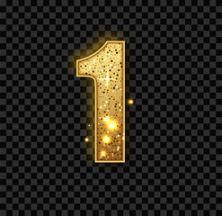 Golden Glitter number one. Vector realistick shining golden number 1 of sparkles. Luxury Golden Glitter elegant celebration design for decoration of cute wedding, anniversary, party, label, headline.