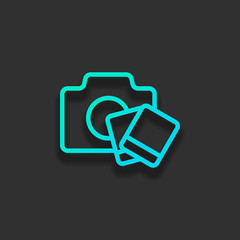 Poster - Camera with polaroid photo cards, outline linear icon. Colorful logo concept with soft shadow on dark background. Icon color of azure ocean