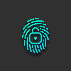 Poster - Fingerprint with open lock, personal protect, secutiry icon. Colorful logo concept with soft shadow on dark background. Icon color of azure ocean