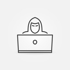 Poster - Hacker outline icon. Man with Laptop vector concept linear symbol