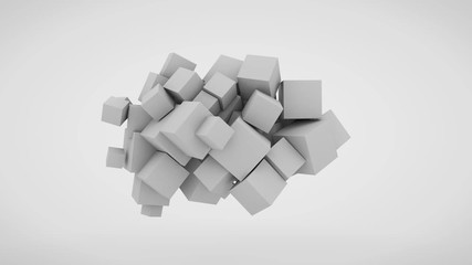 Poster - 3D abstract animation of mathematical chaos. on a white background, white cubes of different sizes appear and pile up in the air randomly accumulating.
