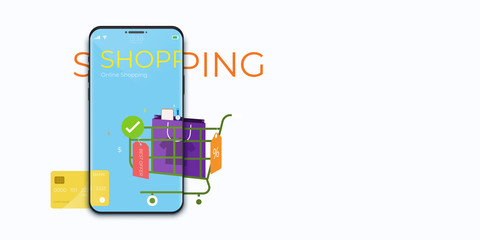 Poster - Online shopping concept with mobile application technology. Digital marketing and e-commerce. vector illustration